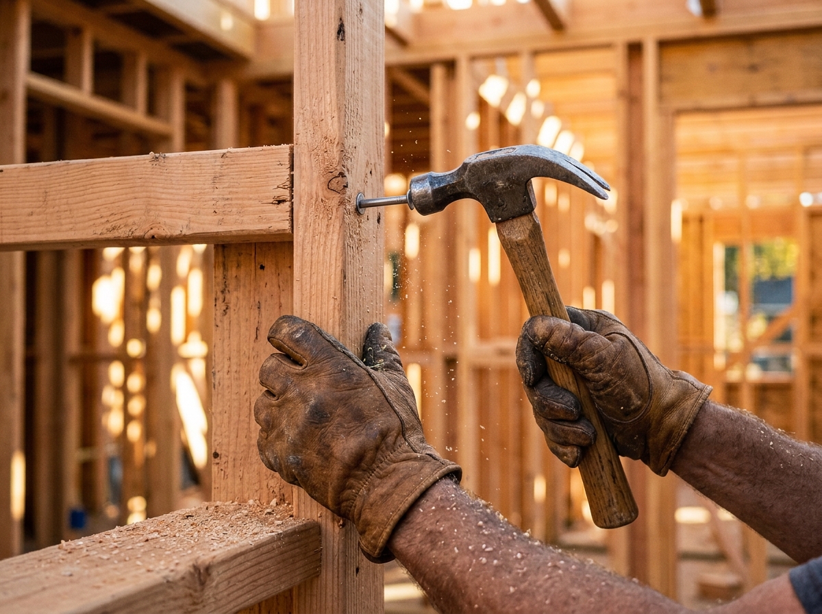 Carpenter nailing wooden stud into wall frame