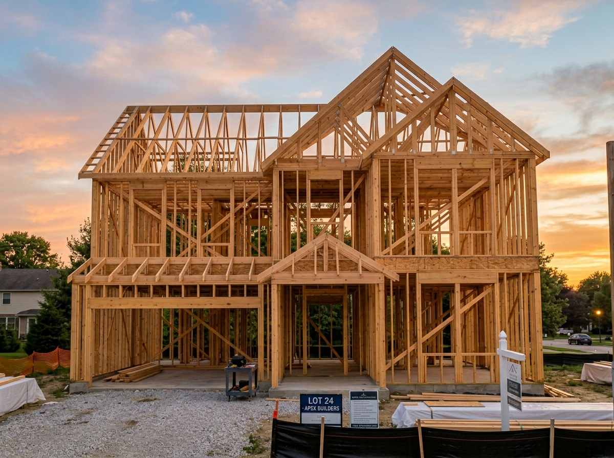 Completed wood-framed house structure at golden hour