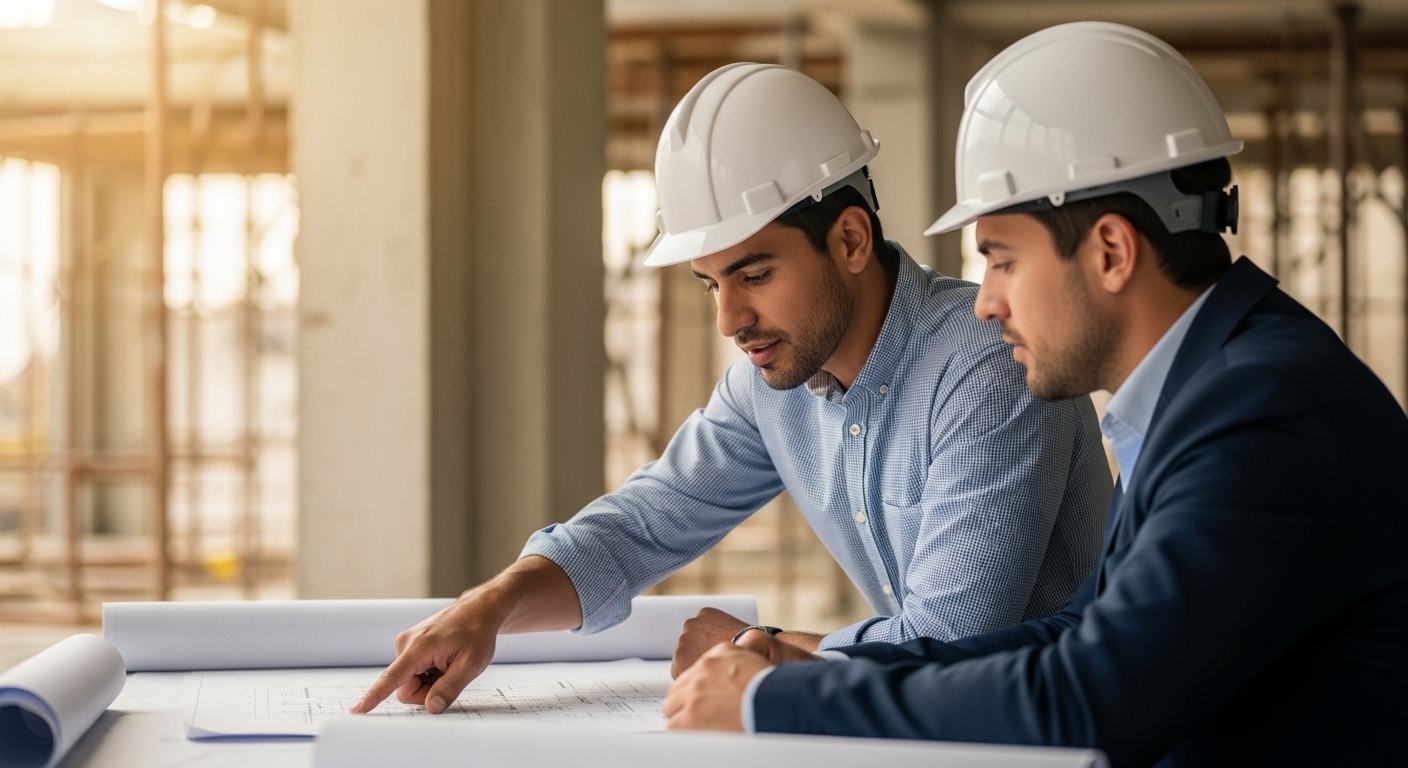 Project consulting — contractor reviewing blueprints with client