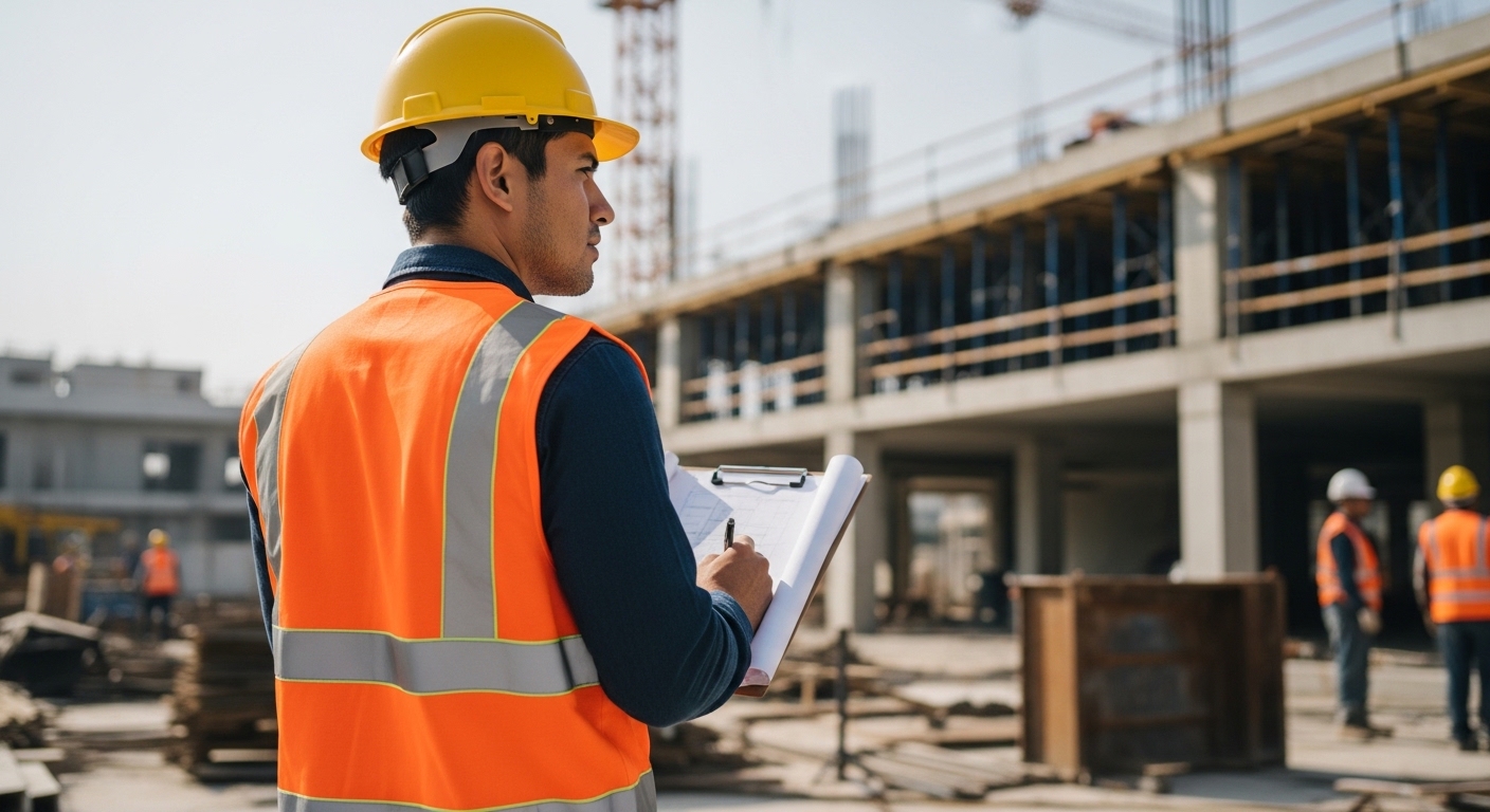 Site inspection — inspector reviewing plans on an open lot